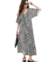 ASOS Design Roll‑Sleeve Button Front Midi Tea Dress