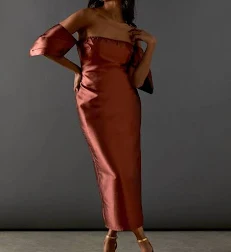 Warehouse Structured Puff‑Sleeve Bardot Midi Dress